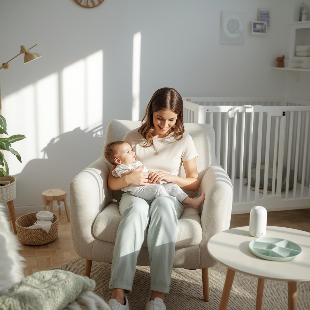 Parent and baby with clean, modern childcare essentials